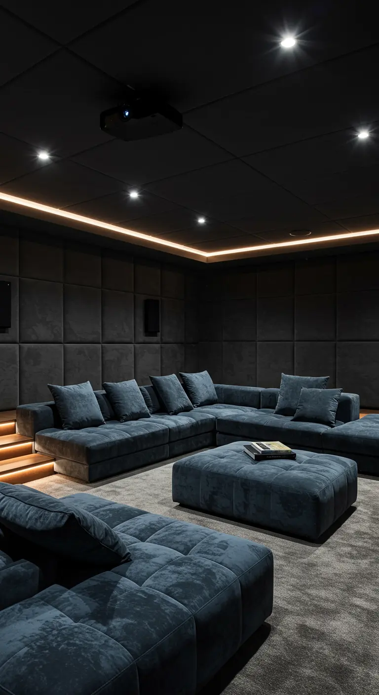Dark home theater with upholstered walls and a large, comfortable sectional.