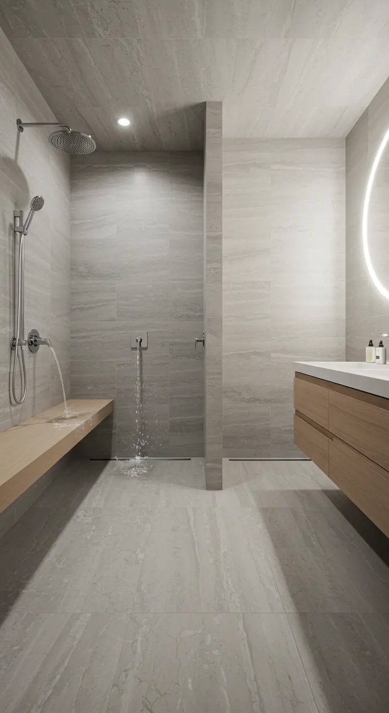 Minimalist grey stone bathroom with a walk-in shower featuring water spouts integrated into the wall and bench.
