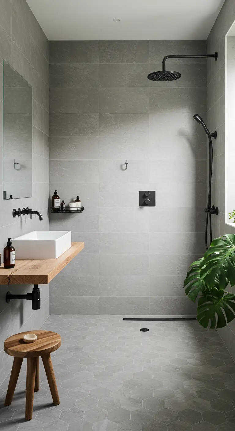 Minimalist gray tiled wet room with a floating wood shelf vanity and a large plant.