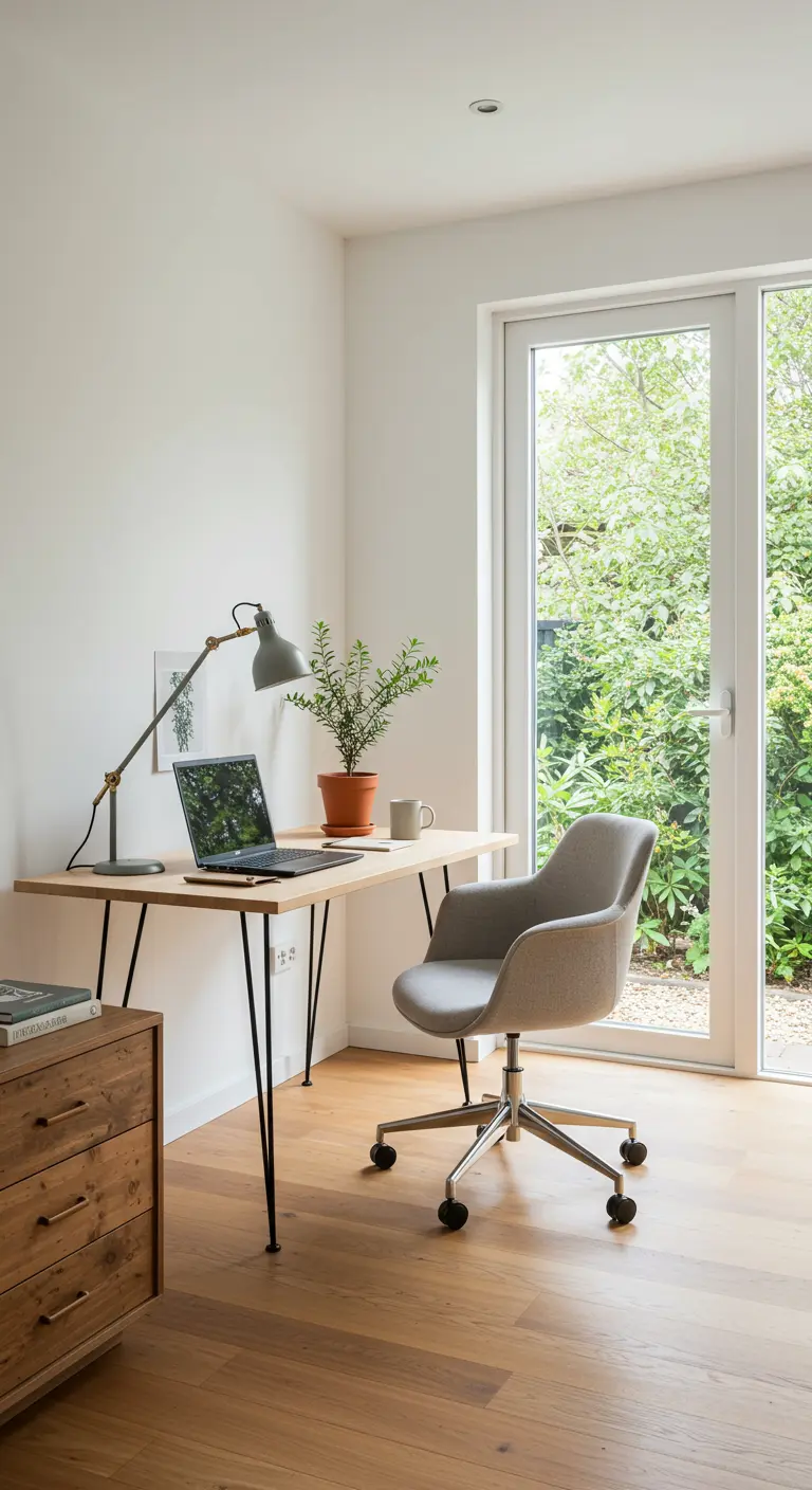Minimalist home office with a wood slab desk on hairpin legs facing a garden.