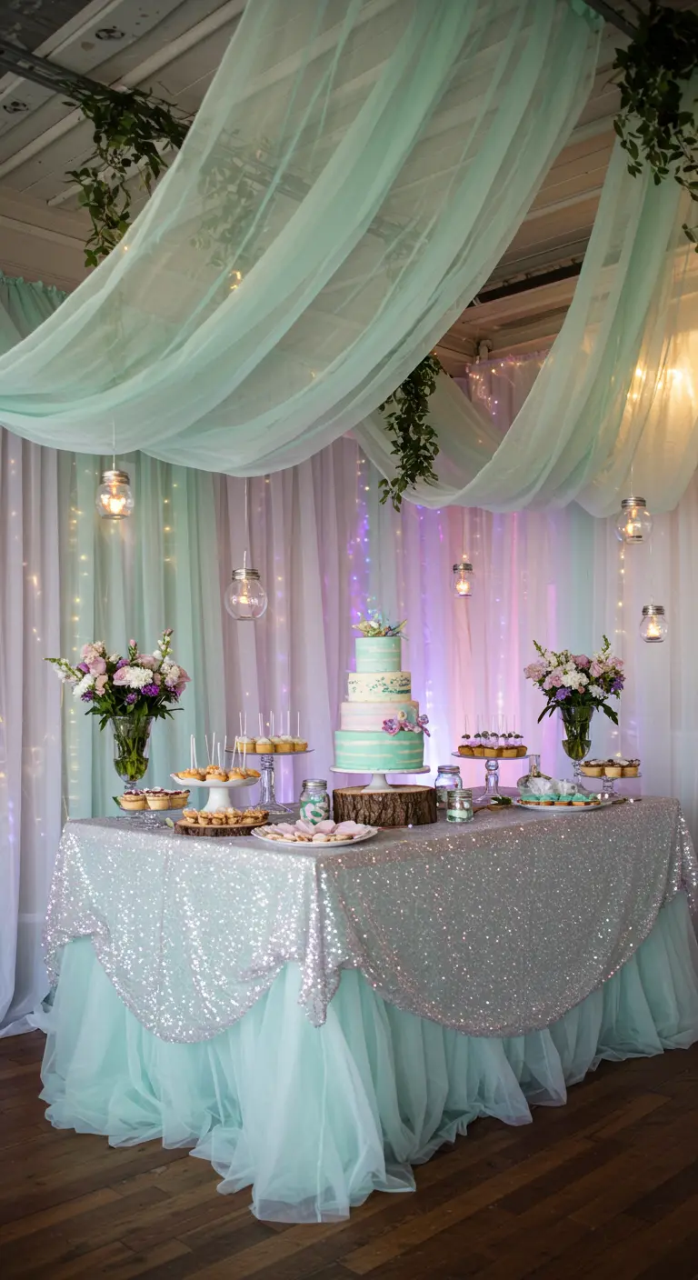 Ethereal dessert table with a mint green tulle canopy and a silver sequin tablecloth.