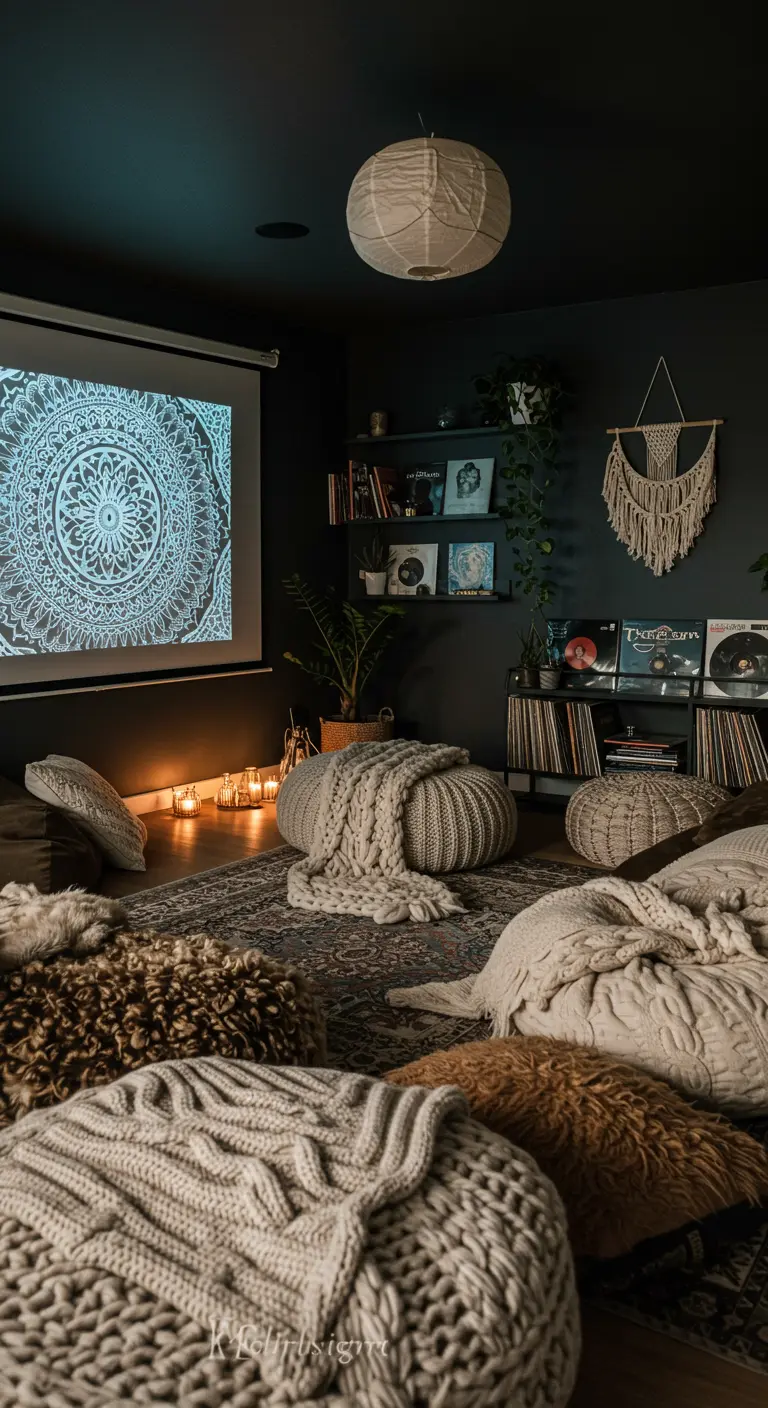 Dark, cozy media room with a projector, floor cushions, and candles.