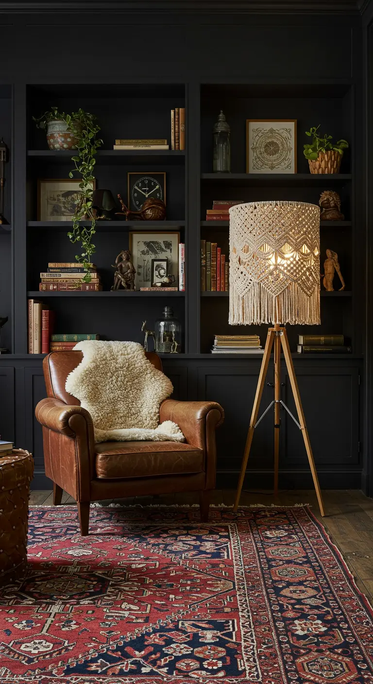 Dark reading nook with a leather chair, built-in bookshelves, and a macrame floor lamp.