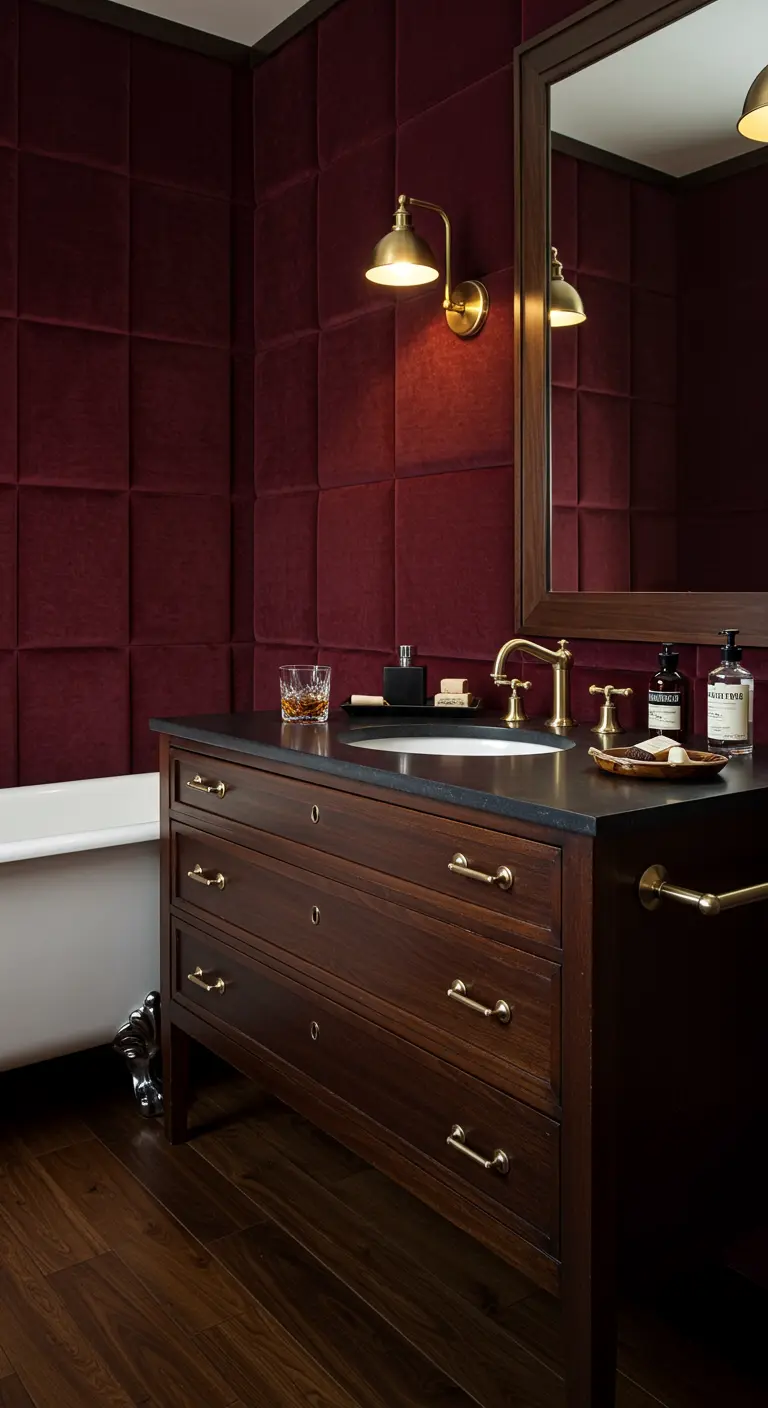 Moody bathroom with quilted burgundy velvet walls and a dark wood vanity with brass hardware.