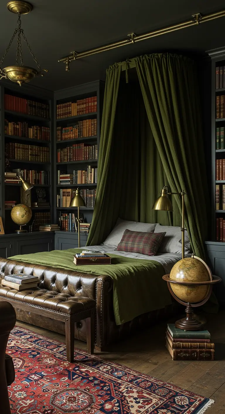 A dark, library-style bedroom with built-in bookshelves and a bed with a green velvet canopy.