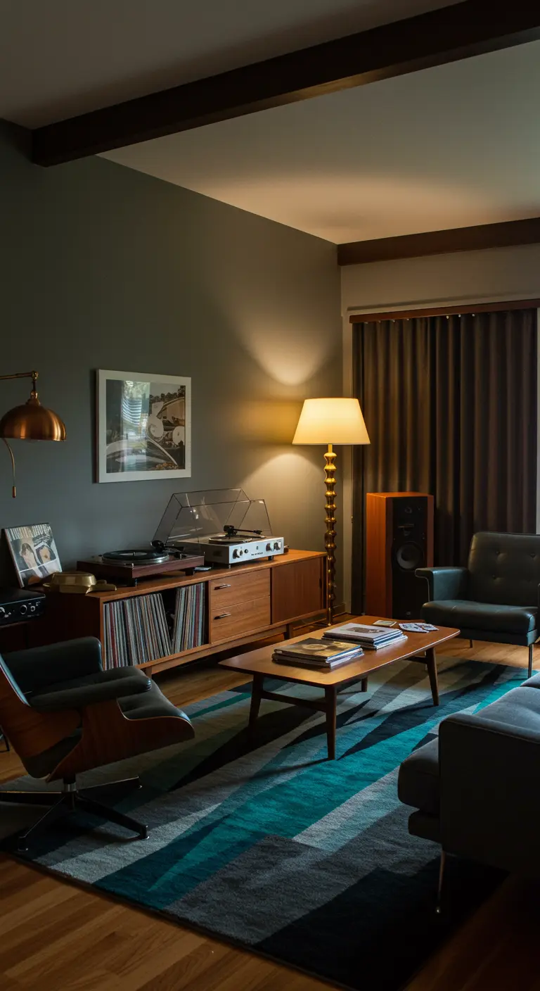 Dark, moody listening room with a record player on a wood credenza and a teal geometric rug.