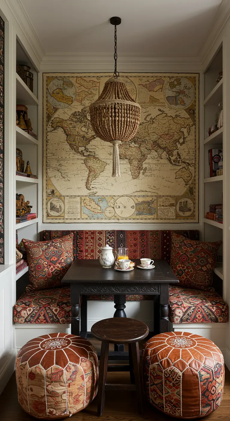Cozy breakfast nook with a large world map, built-in shelves, and patterned kilim poufs.