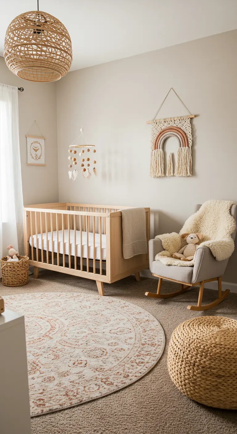 Calm boho nursery with a natural wood crib, woven pendant light, and round rug.