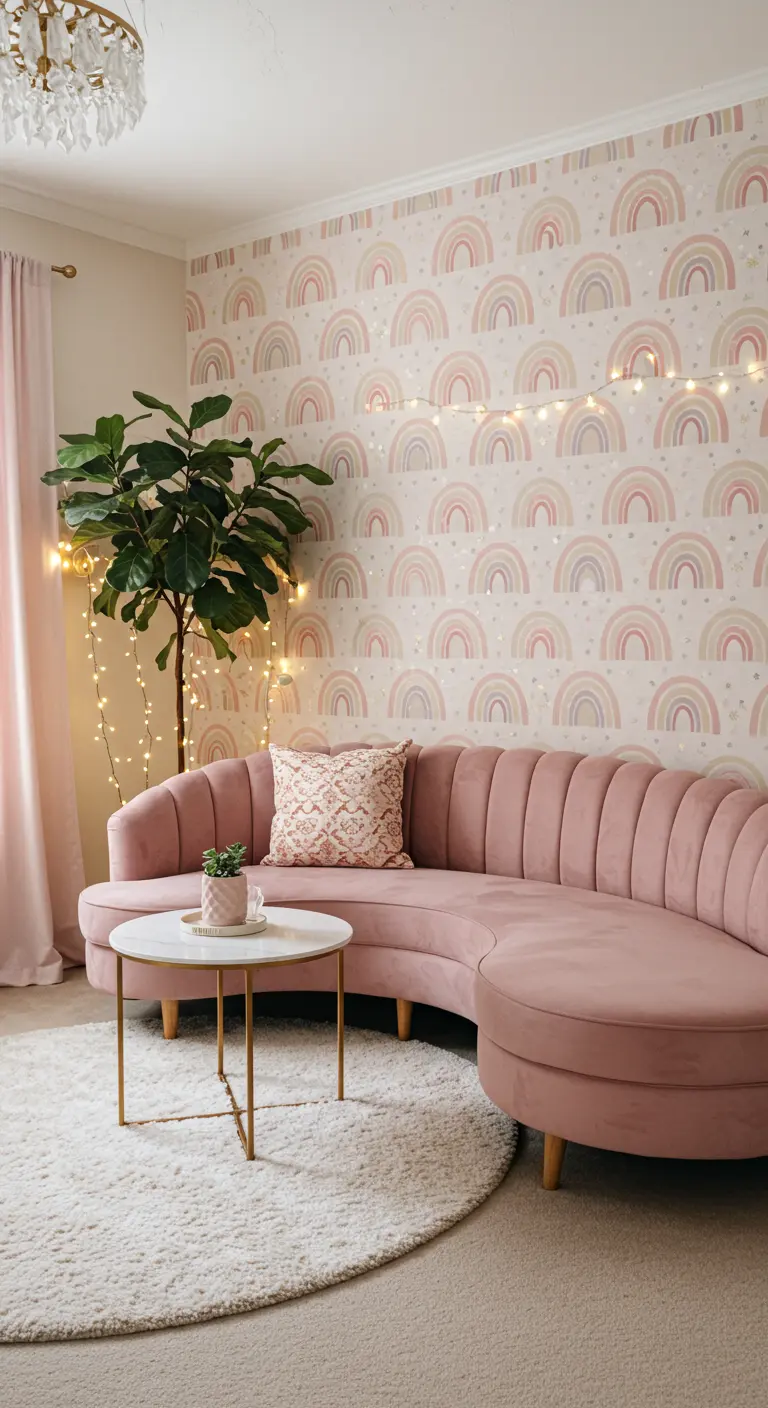 Whimsical living room with a pastel rainbow wallpaper and a curved pink sofa.