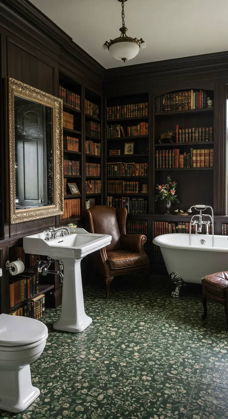 Victorian bathroom with dark wood bookshelves covering the walls.