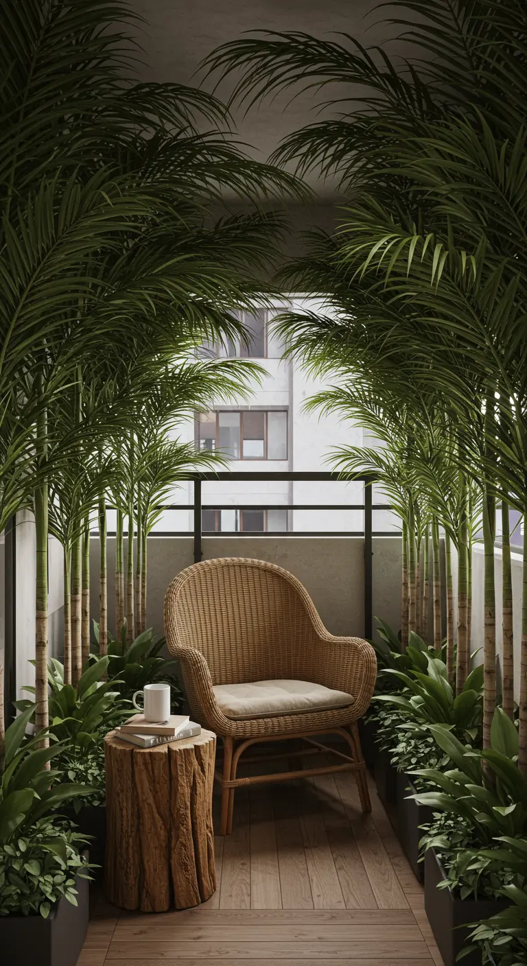 A balcony designed as a corridor with tall palm trees lining the sides and a rattan chair.