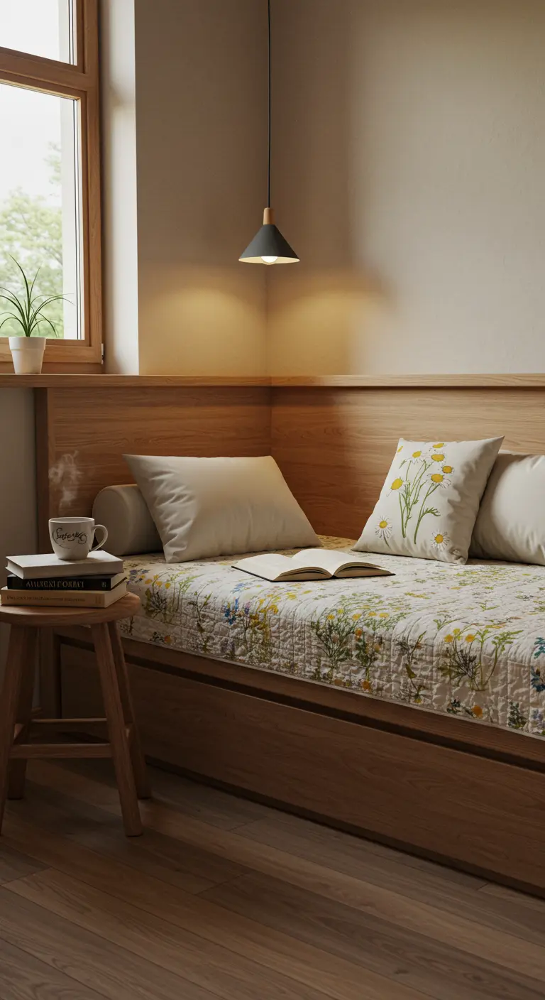 Built-in wooden daybed with floral bedding and a single pendant light above.