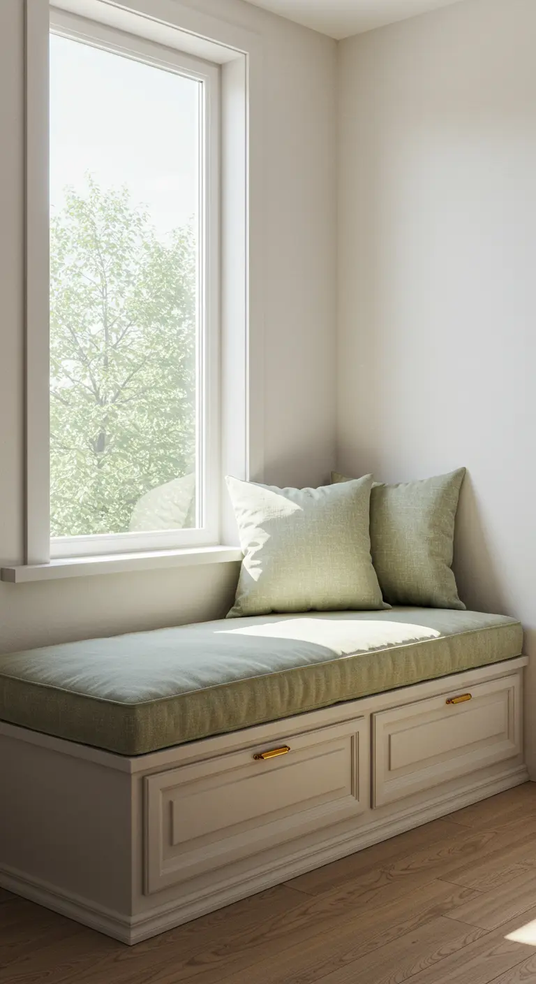 A bright window seat with a pale green cushion and built-in storage drawers.
