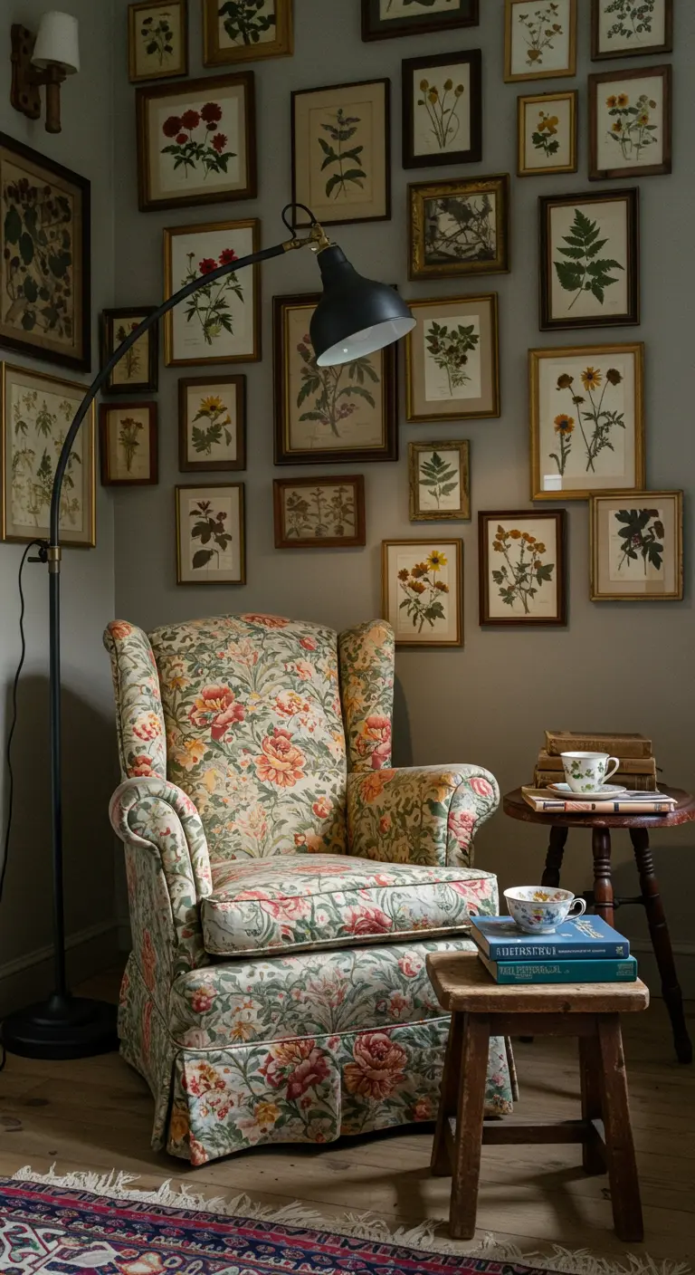 A cozy reading corner with a floral wingback chair, a gallery wall of botanical prints, and a floor lamp.