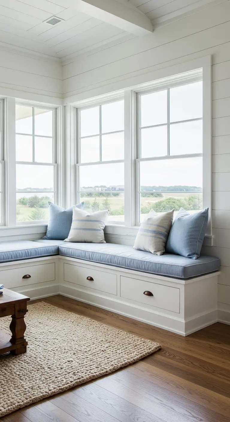 Built-in window seat with blue cushions, striped pillows, and under-seat storage drawers.