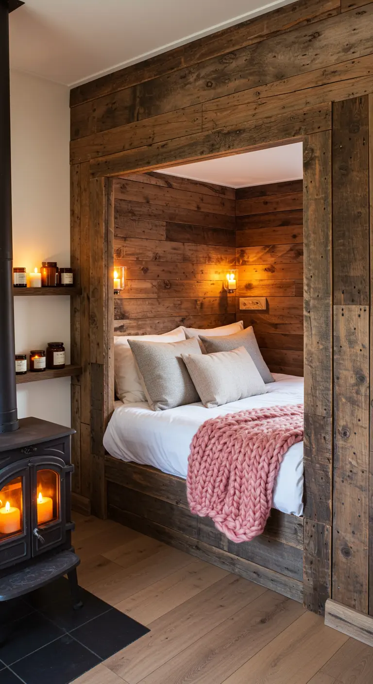 A cozy sleeping nook built with reclaimed wood, lit by small sconces.