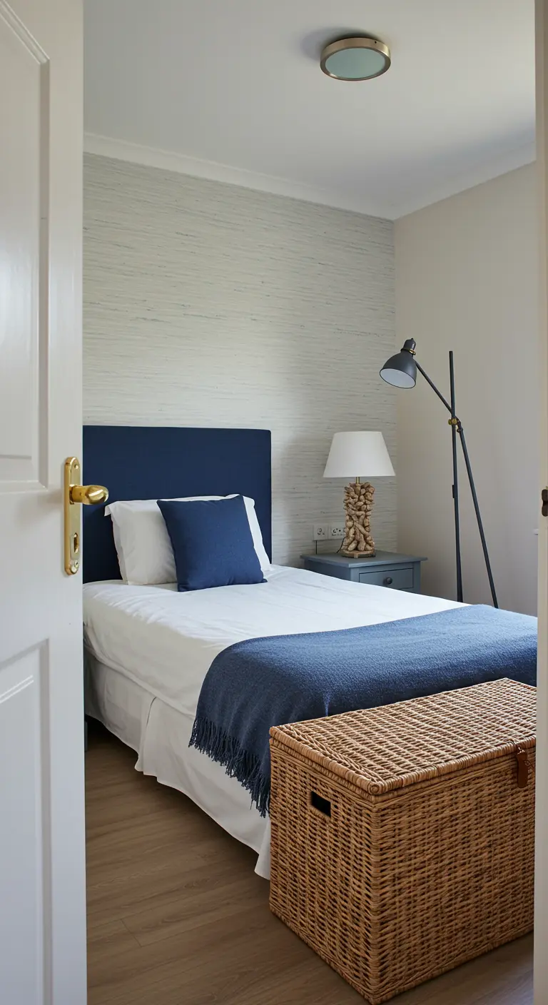 Coastal bedroom with a navy headboard, textured wallpaper, and a wicker trunk.