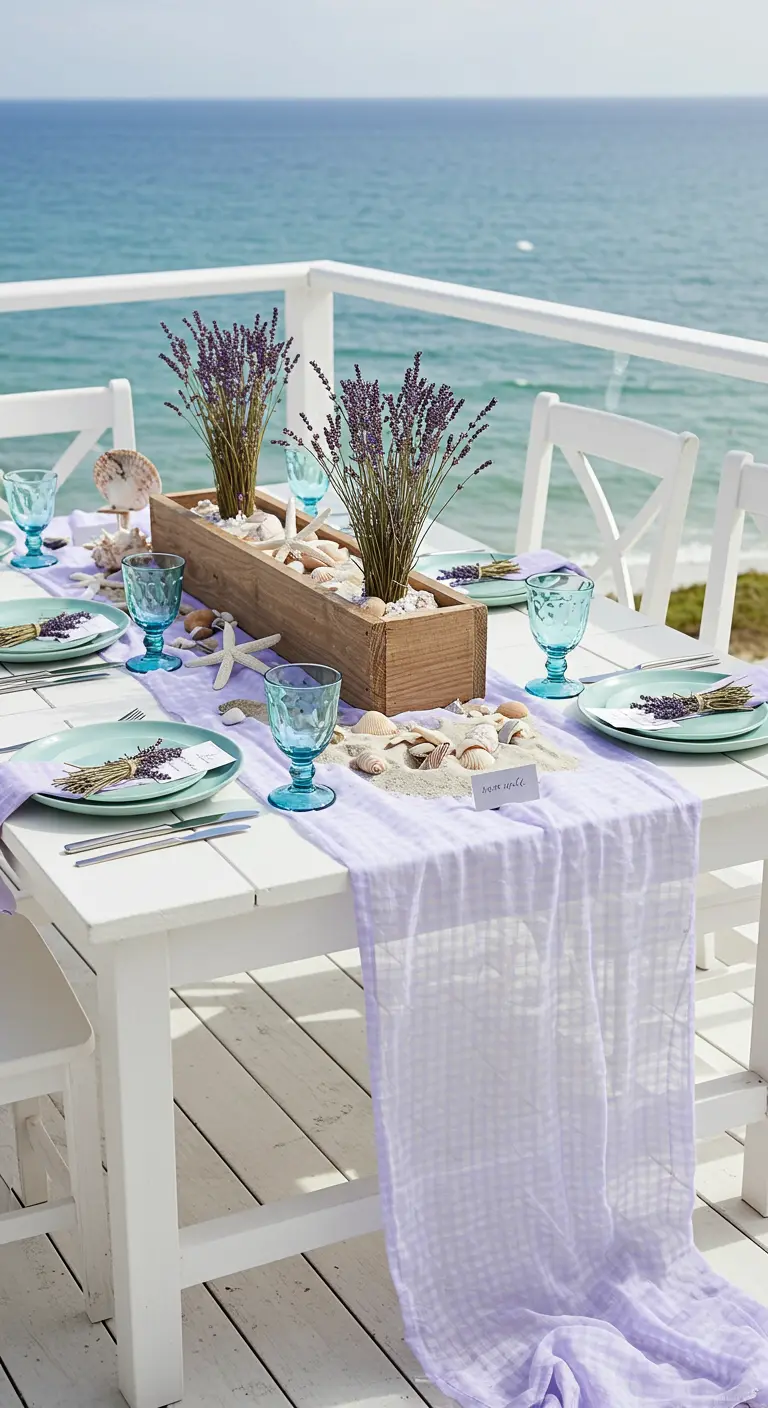 Seaside deck table with a centerpiece of lavender, sand, and shells in a wooden box.