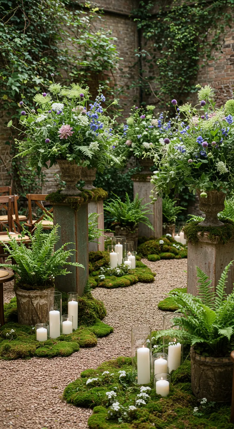 Moss-covered aisle with ferns and wildflower arrangements on weathered stone pedestals.