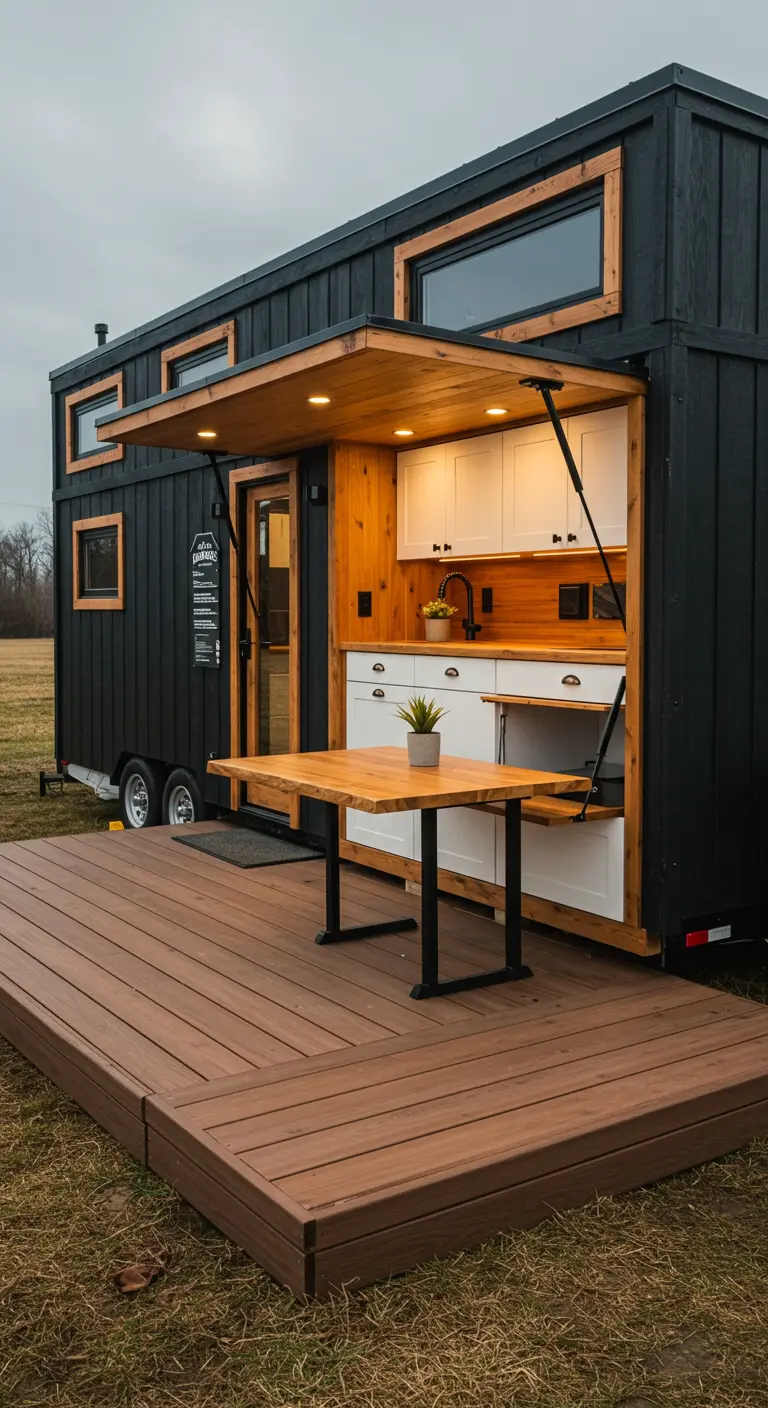 Modern black tiny home with a fold-out bar connecting the kitchen to the deck.
