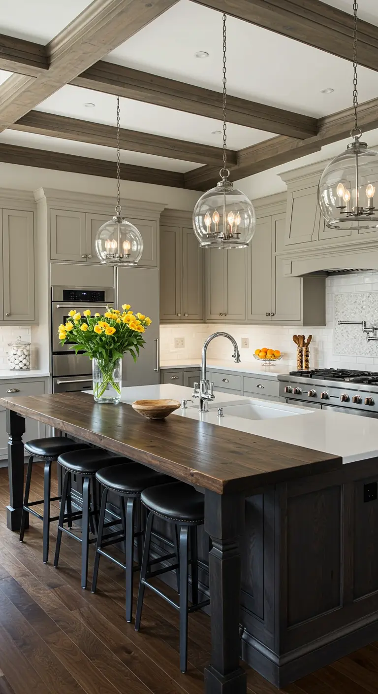 Large black kitchen island with an extended wood countertop creating a dining bar.