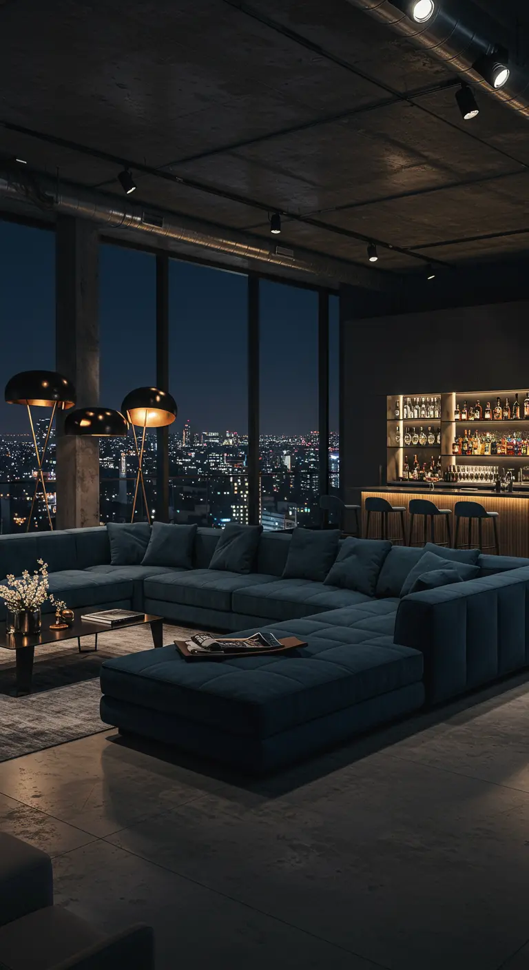 A large U-shaped sectional sofa facing a home bar in a dark, moody loft at night.