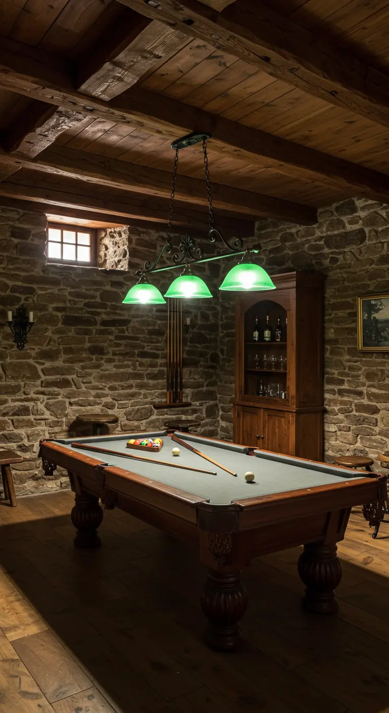 A sophisticated game room with a carved wood pool table and a stone wall.