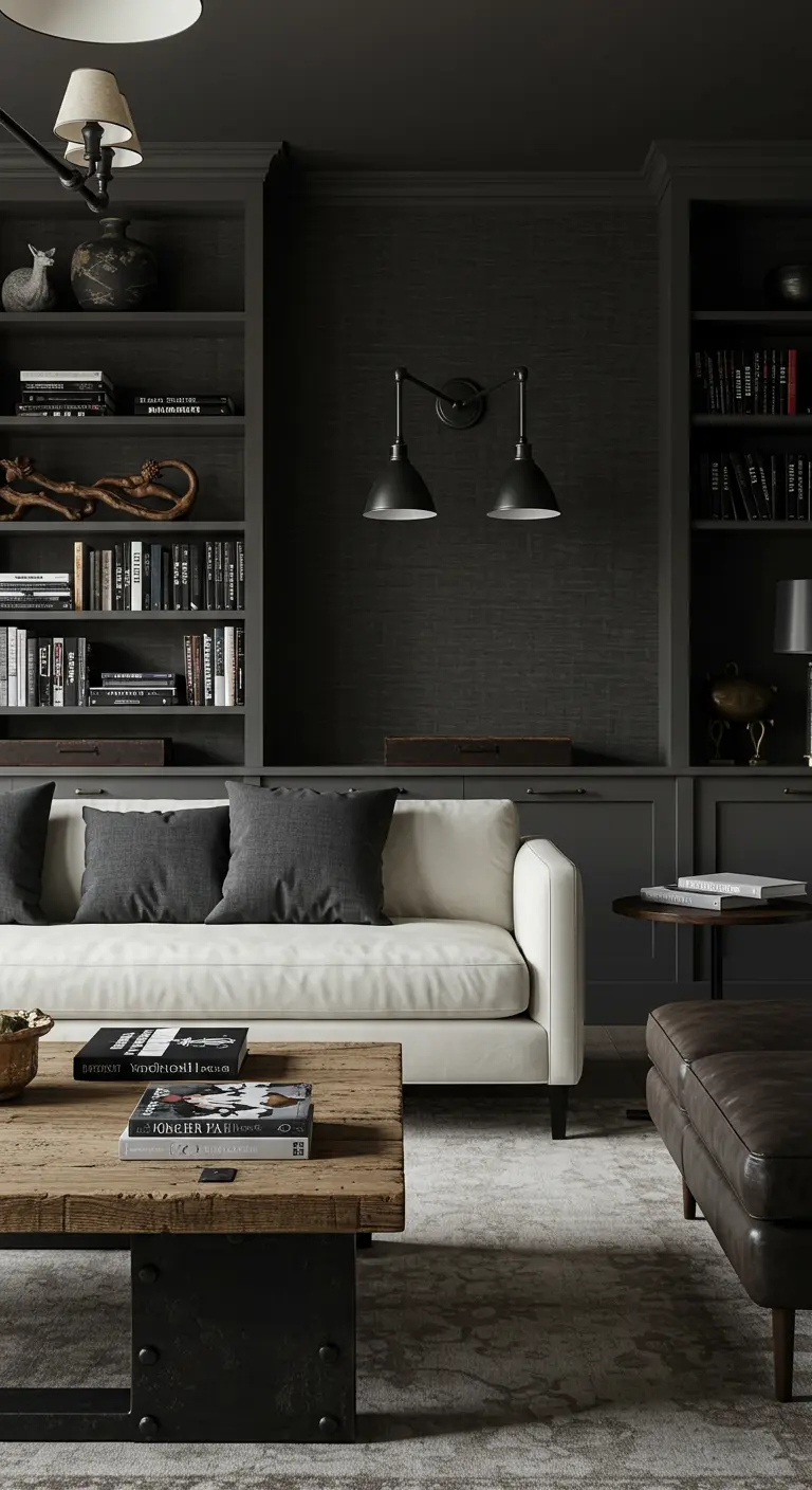 A white sofa in a dark grey room with floor-to-ceiling bookshelves and a rustic coffee table.