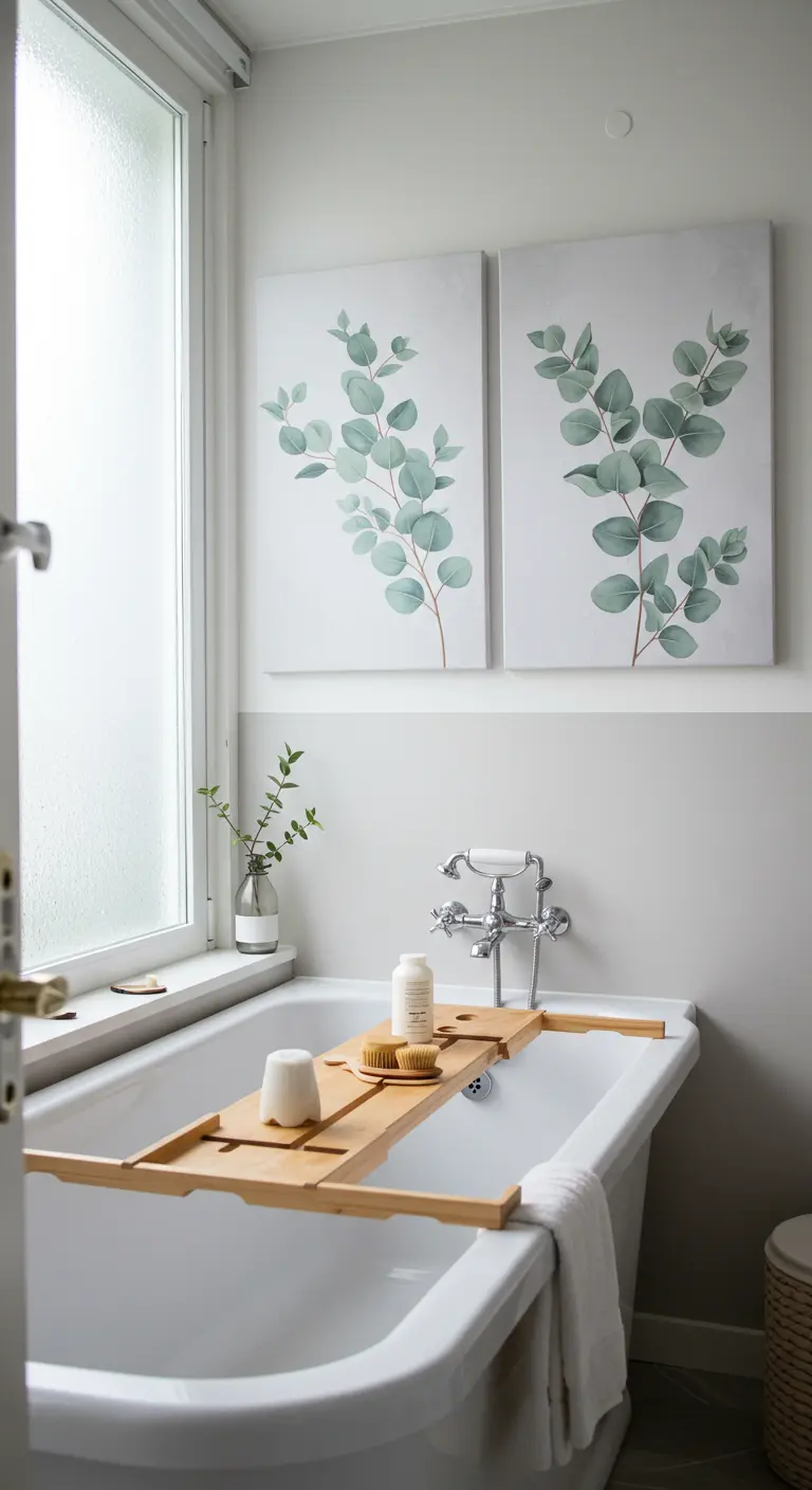 A diptych of eucalyptus branch prints hangs above a classic clawfoot tub in a serene bathroom.
