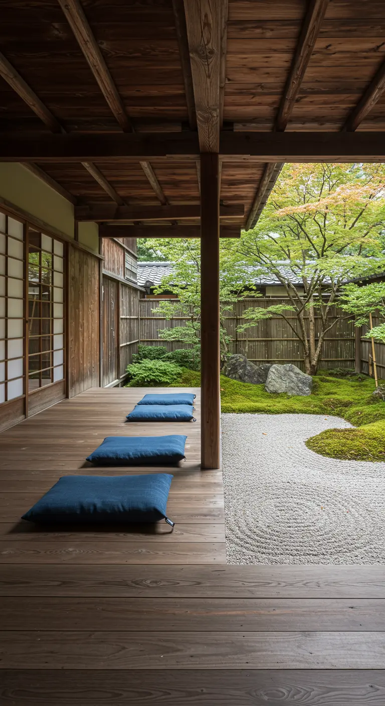 A wooden porch with blue floor cushions looking out onto a Japanese rock garden.
