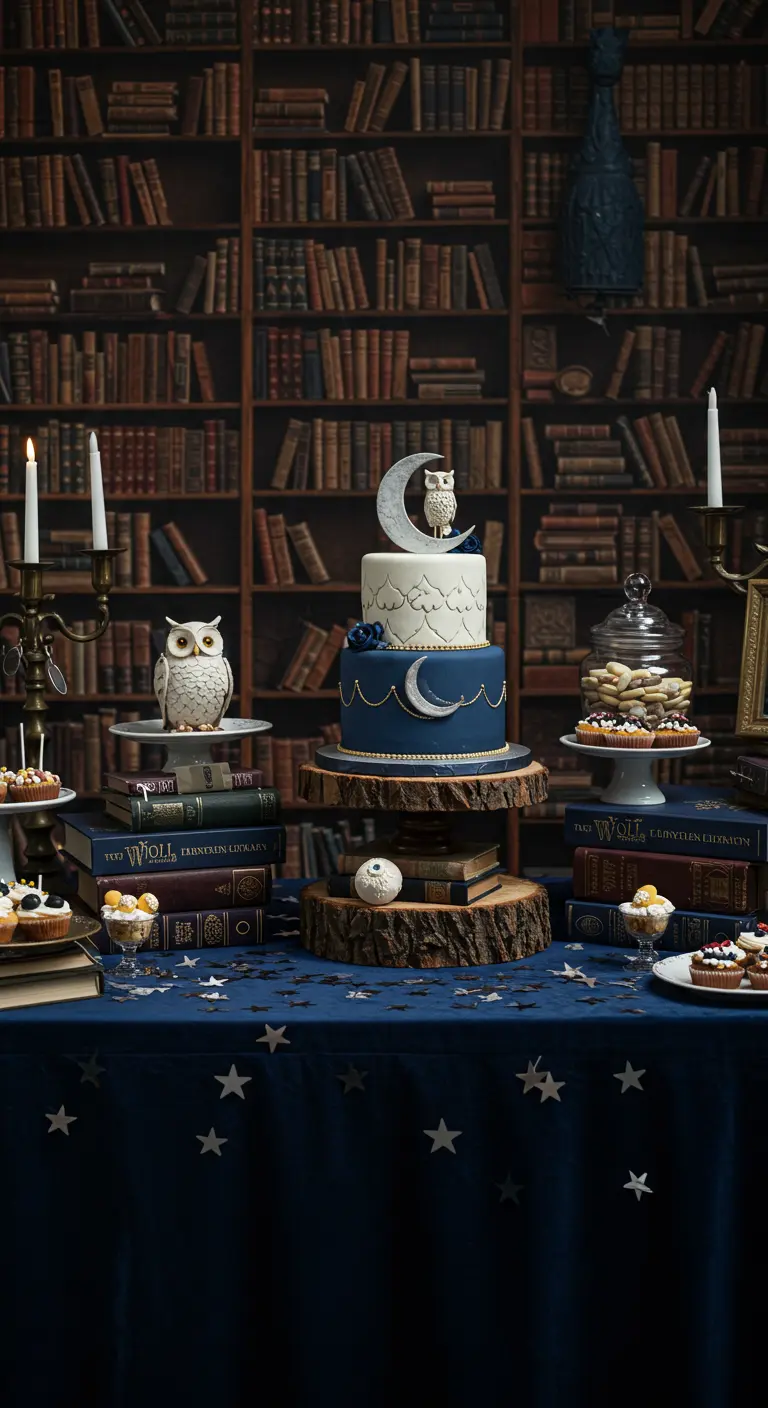 Owl-themed dessert table with a library backdrop, navy decor, and a moon-topped cake.