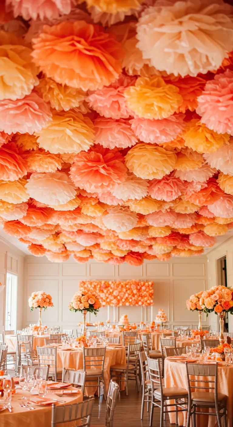 A ceiling completely covered in a dense installation of orange, peach, and pink pom-poms.