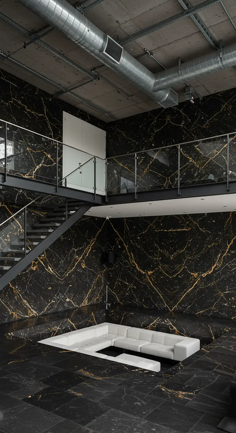 Dramatic loft with black and gold marble on walls and floor, featuring a white sunken sofa.