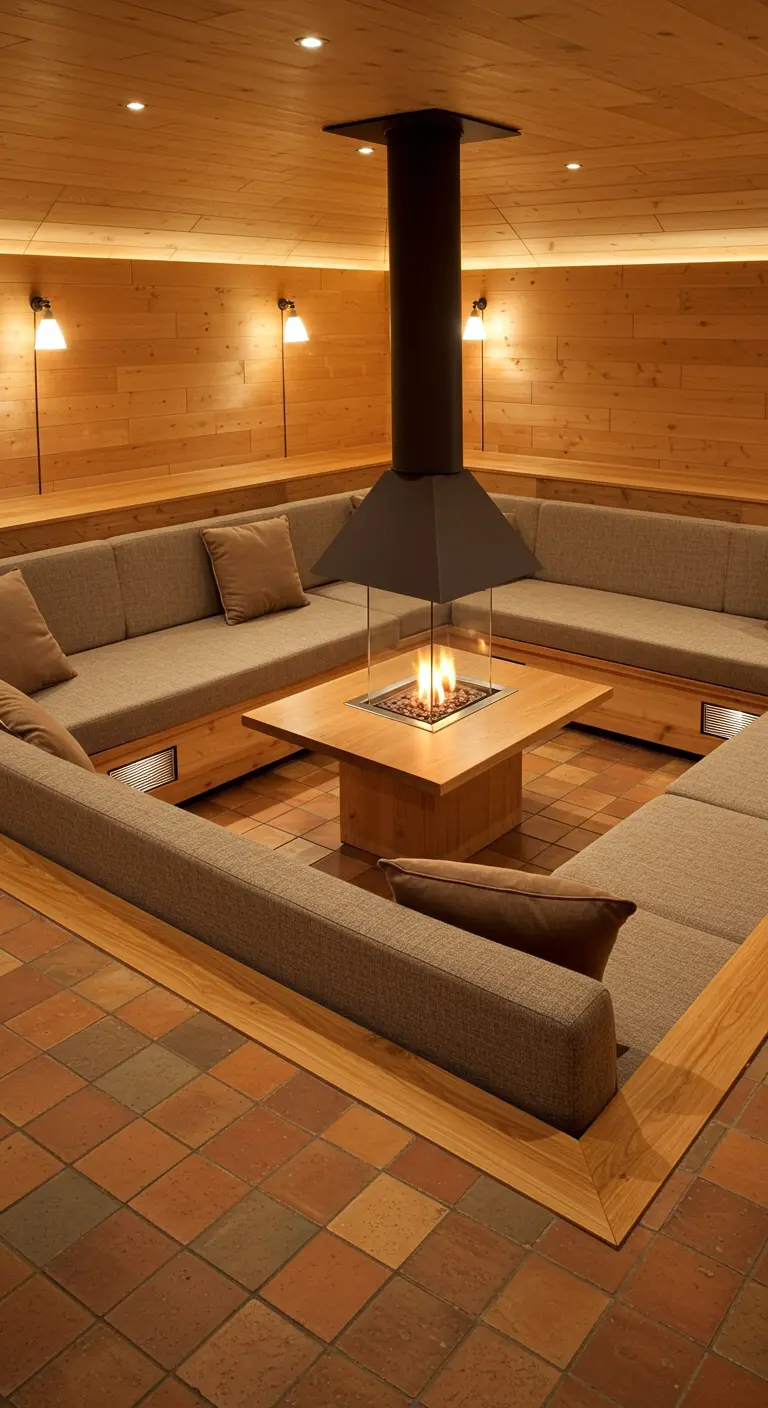 A sunken conversation pit with built-in upholstered seating around a central fireplace.
