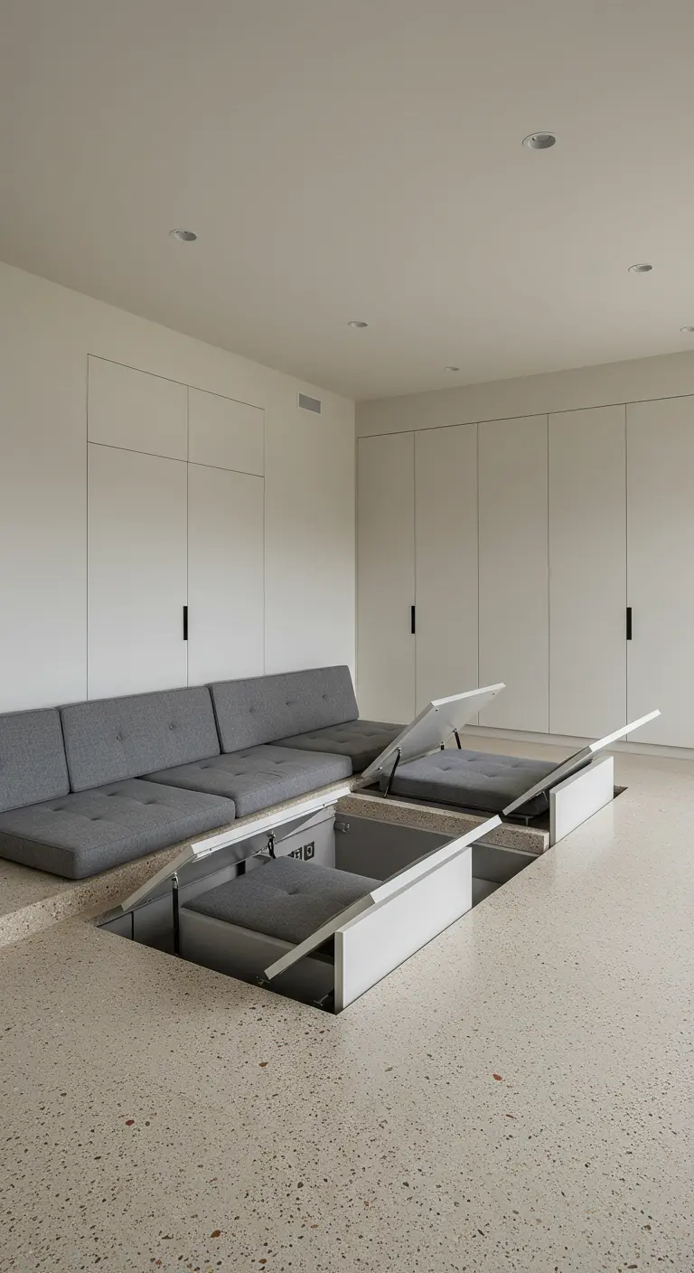 A sunken gray sofa on a terrazzo floor with seat cushions that lift to show hidden storage.