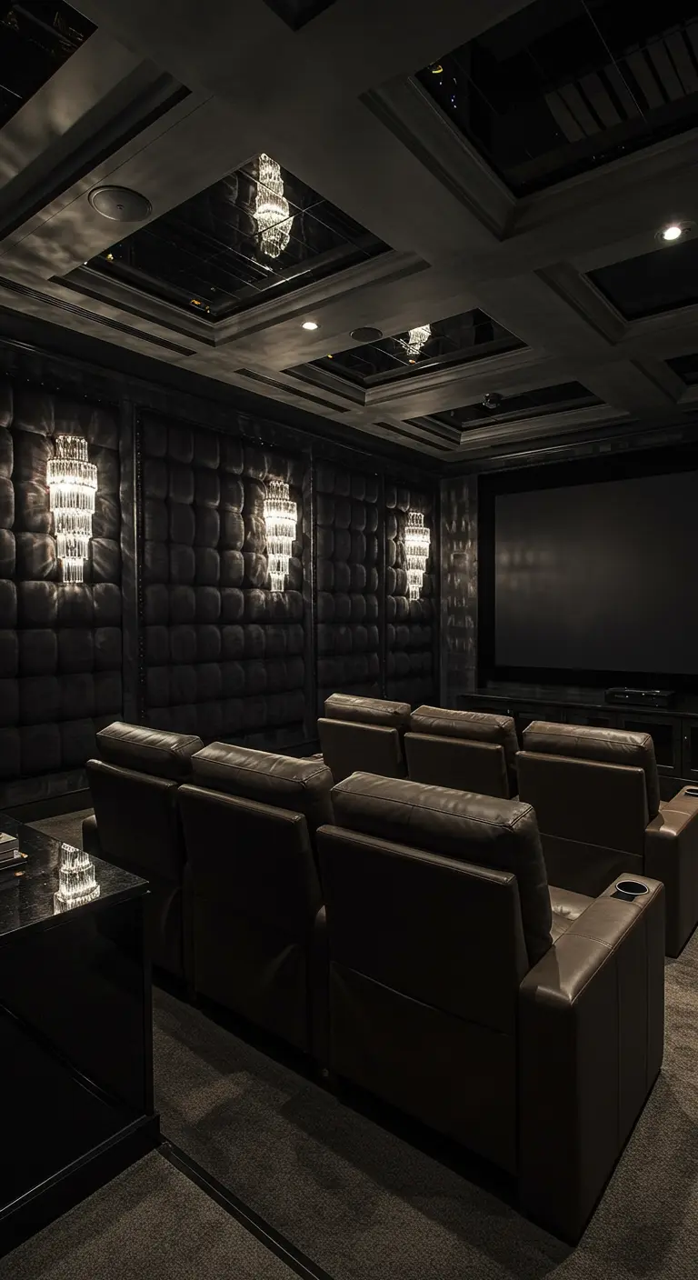 Dark home theater with black tufted wall panels, leather recliners, and crystal wall sconces.