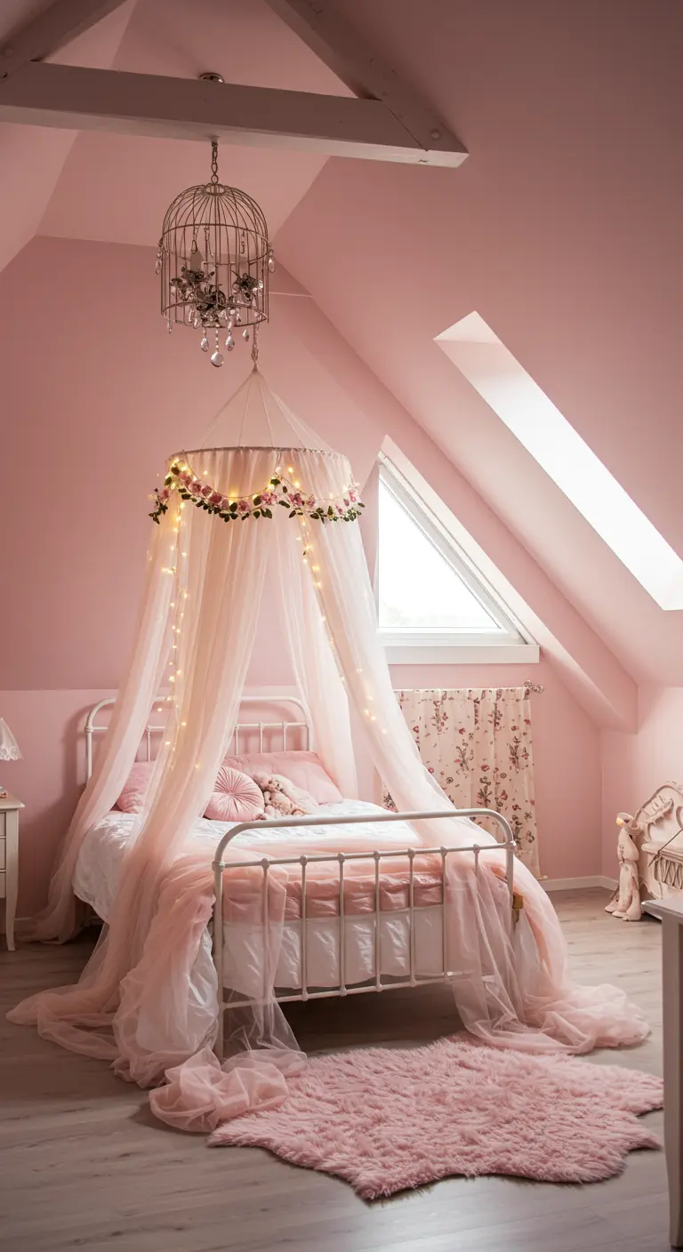 Whimsical attic bedroom with a pink tulle canopy, fairy lights, and a birdcage chandelier.