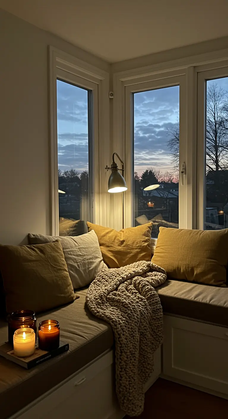 Cushioned window seat at dusk with linen pillows, a knit throw, and glowing candles.