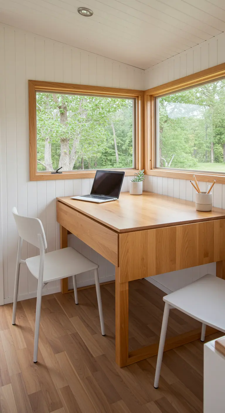 A light wood corner desk positioned in front of two large windows in a white room.