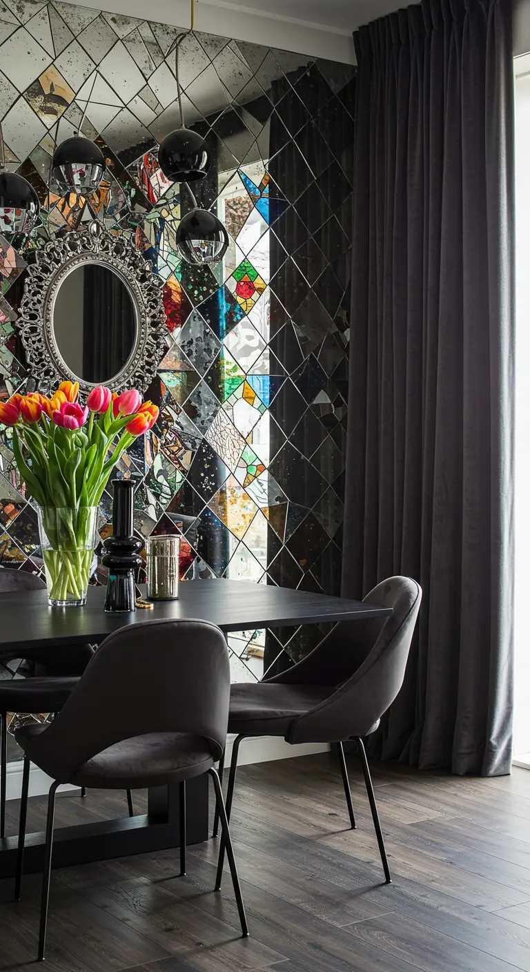 Eclectic dining room with a mosaic mirror wall featuring colored glass pieces.