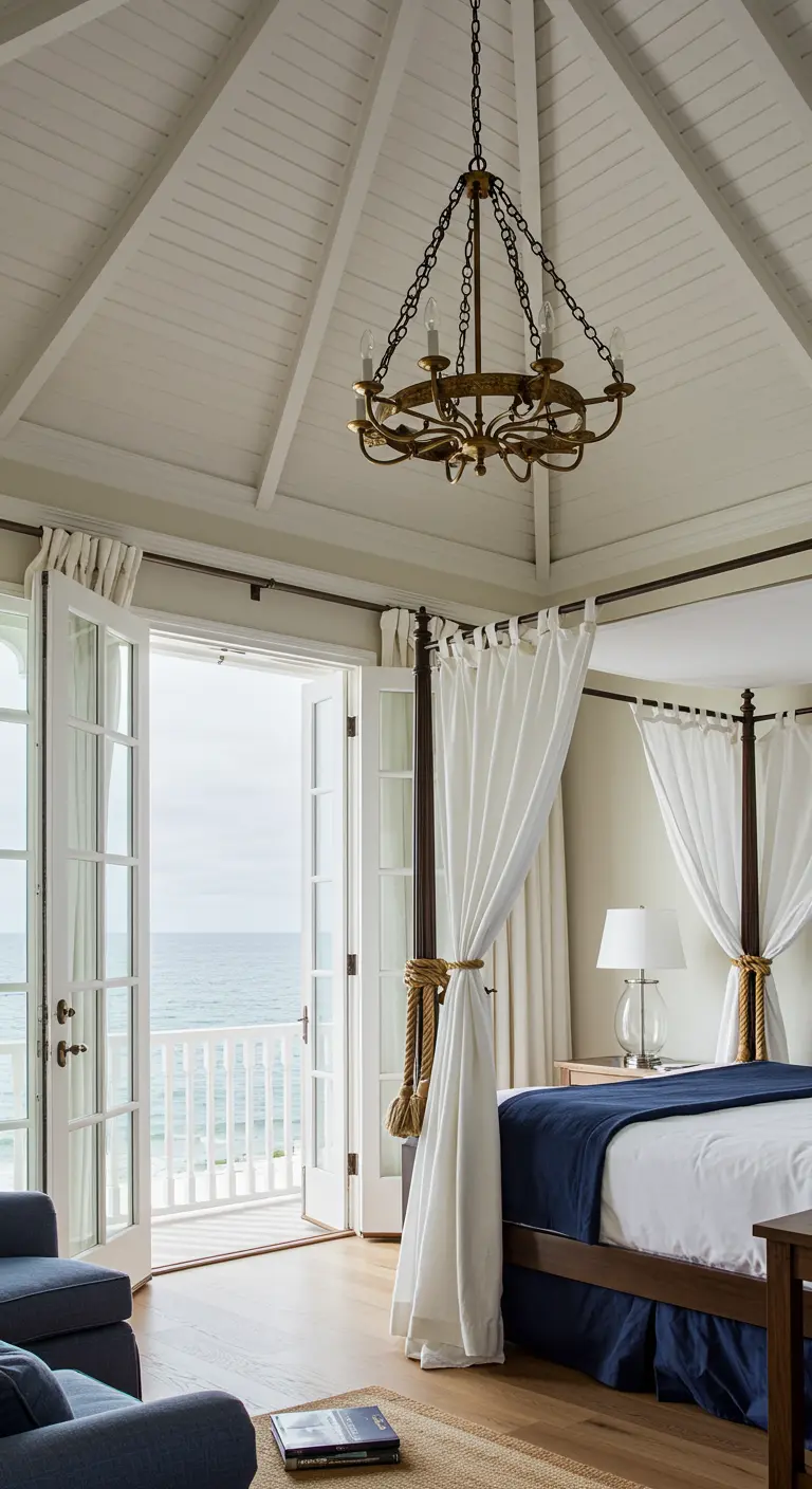 Airy bedroom with a four-poster bed draped in white curtains with rope tie-backs, overlooking a balcony.