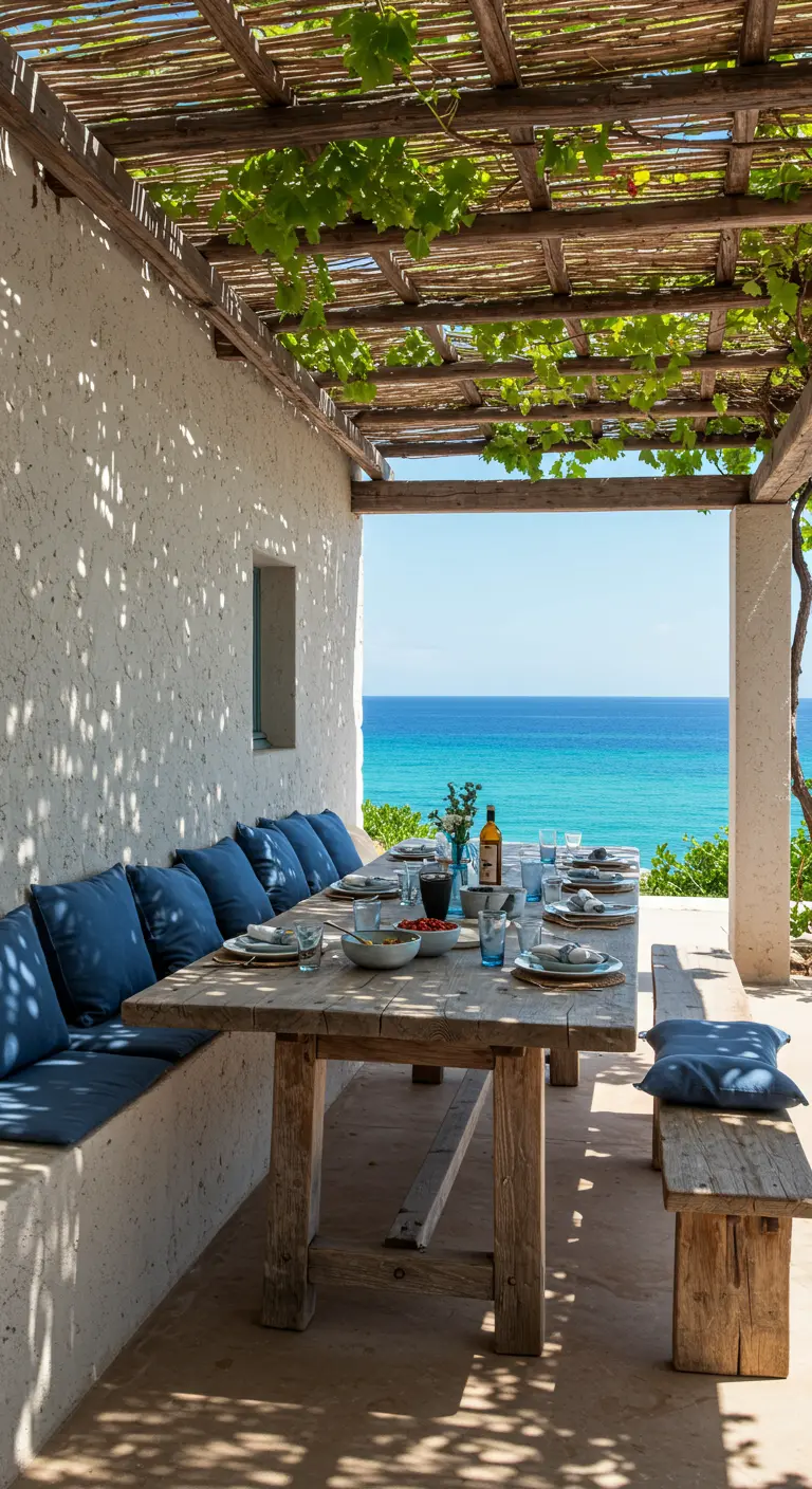 Outdoor dining terrace with a long wooden table and built-in bench seating.