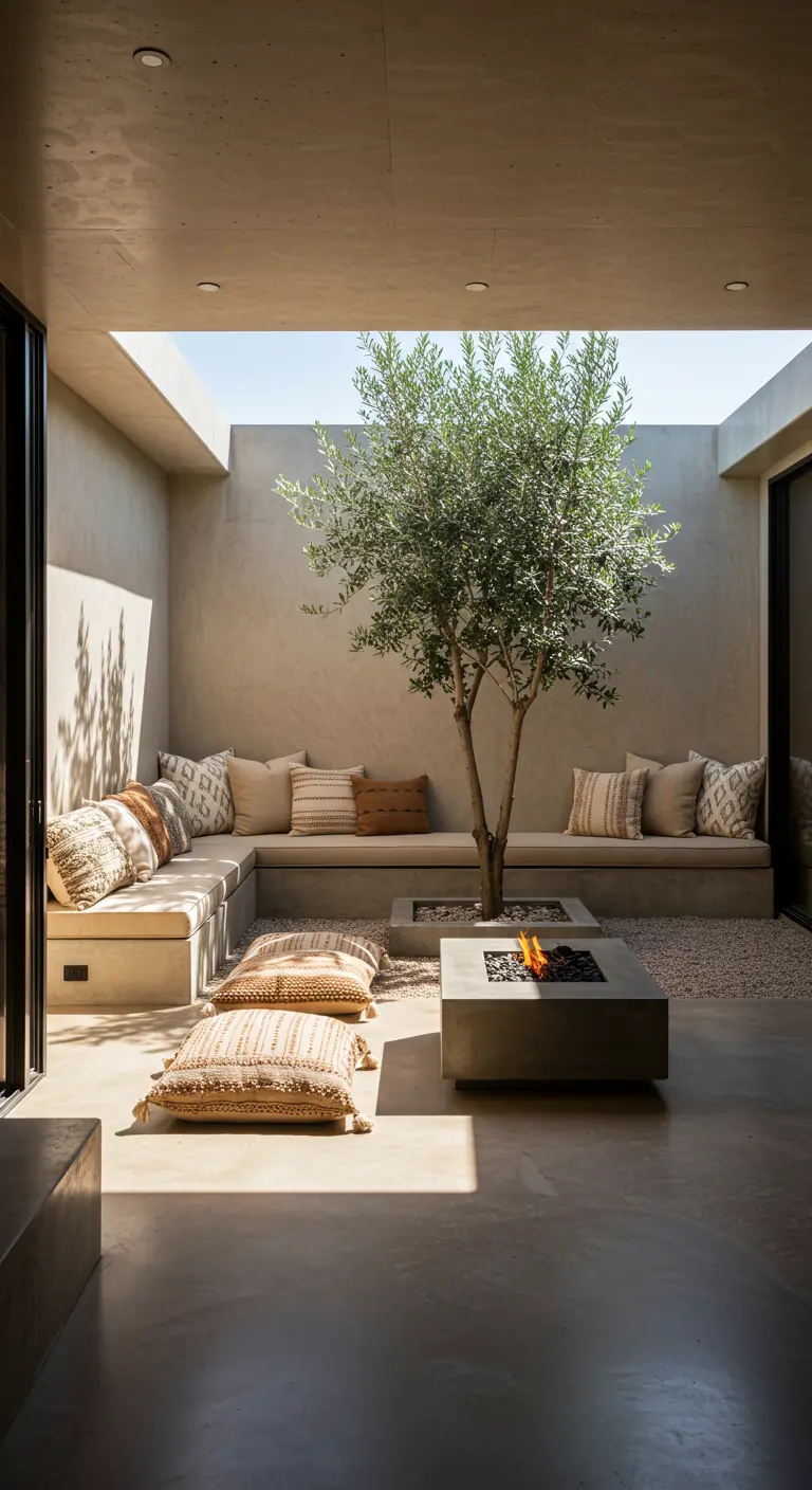 An open-air courtyard with built-in seating, a fire pit, and a central olive tree.
