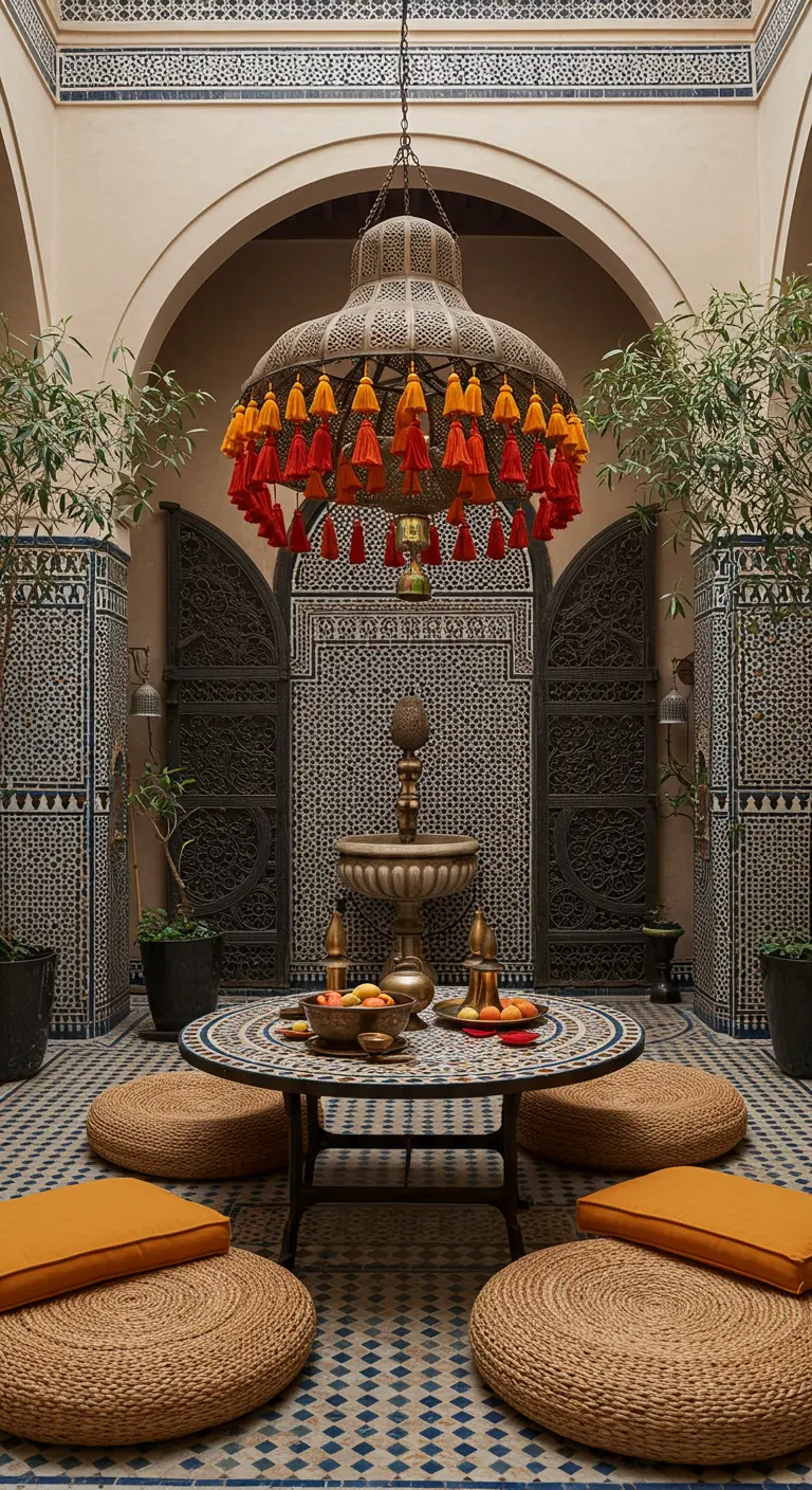 Moroccan courtyard with intricate tilework, floor cushions, and a large tassel lantern.