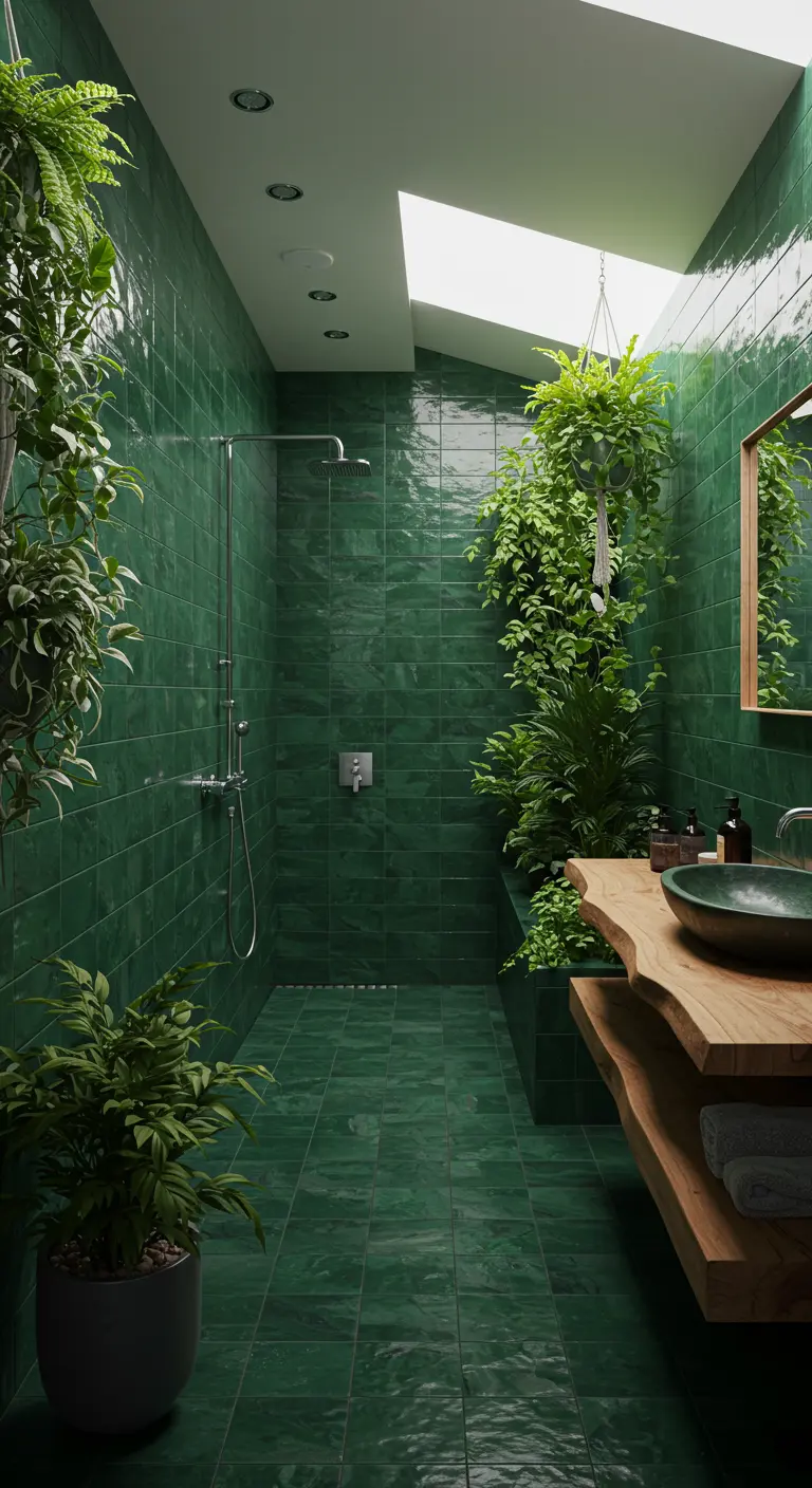 A walk-in shower completely tiled in emerald green, filled with plants and featuring a skylight.