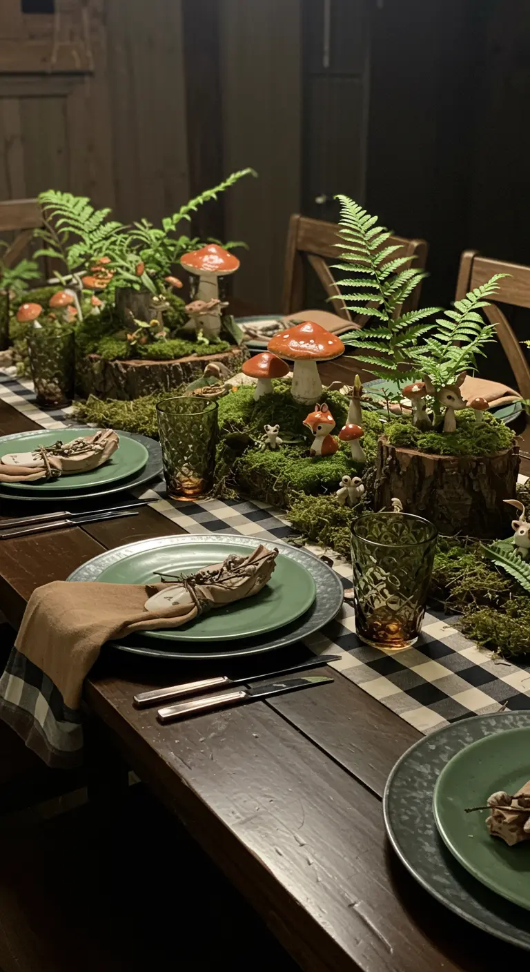 A whimsical table decorated with moss, ferns, and ceramic mushrooms as a centerpiece.