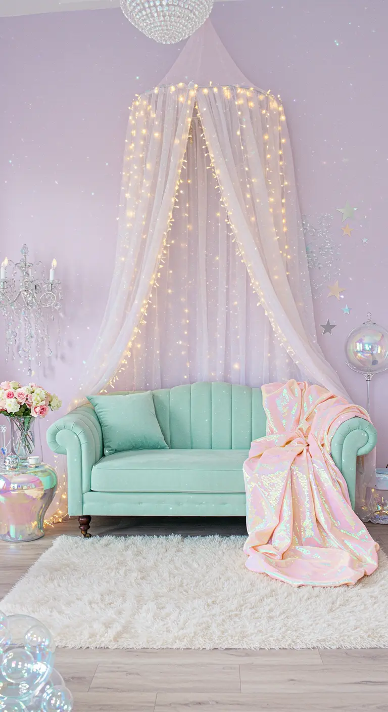 A whimsical room with a mint green sofa under a fairy-light canopy and iridescent accents.