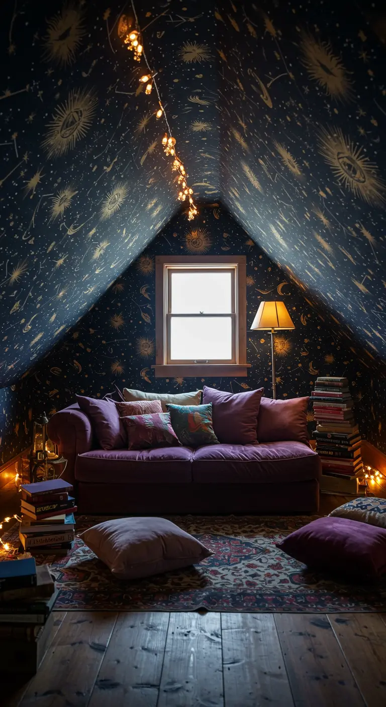 Attic room with celestial wallpaper on sloped walls, a purple sofa, and string lights.