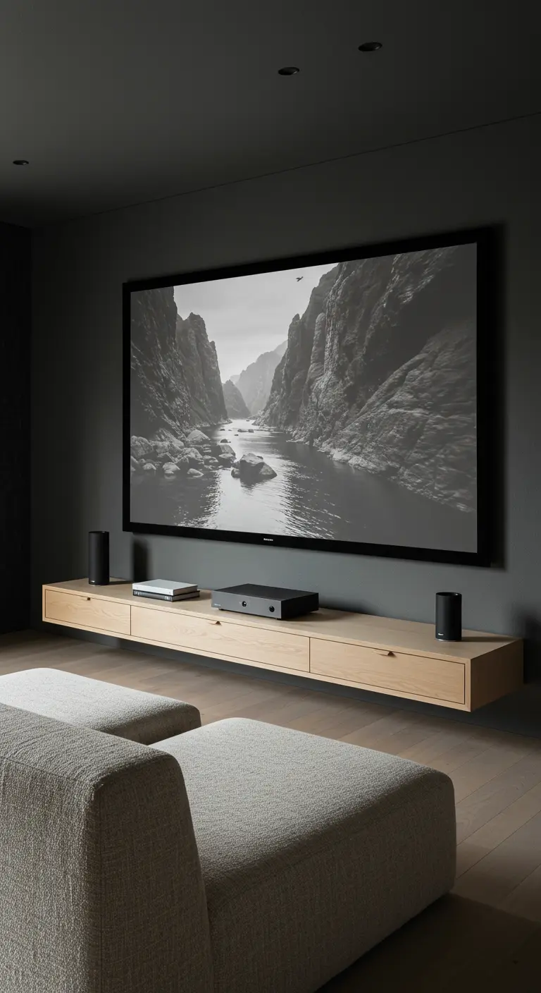 Minimalist media room with a large screen and a light wood floating console.