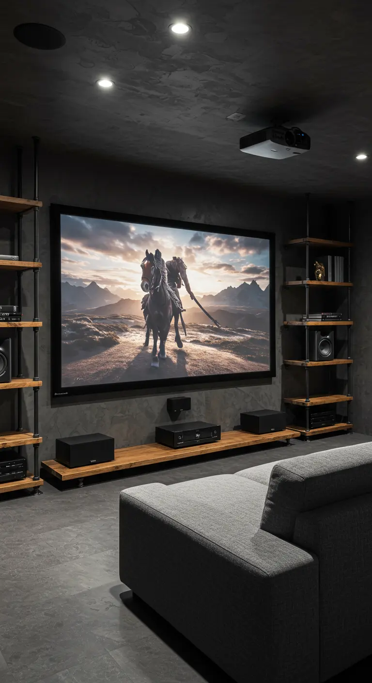 A dark home theater with a large projection screen, industrial pipe shelving, and a grey sofa.